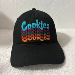 Cookies Stacked Logo Hat – Black w/ Striped Brim